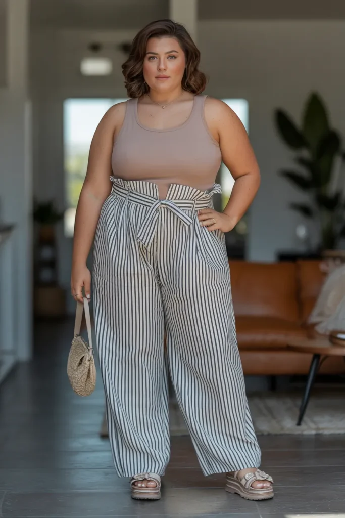 Plus Size Aesthetic Bold Striped Paperbag Pants Summer Outfit 1