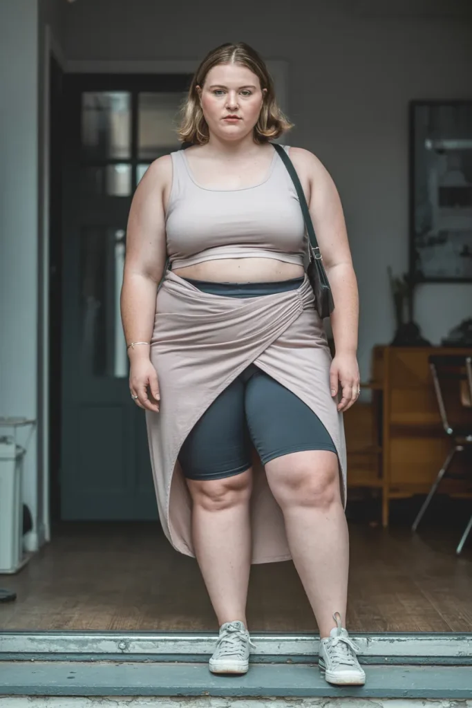 Plus Size Aesthetic Convertible Wrap Skirt Over Bike Shorts Summer Outfit