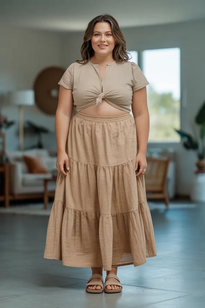 Plus Size Aesthetic Cotton Gauze Tiered Maxi Skirt Summer Outfit