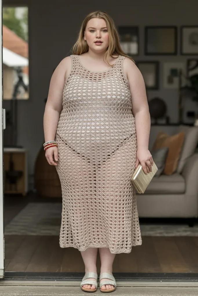 Plus Size Aesthetic Crochet Overlay Midi Dress Summer Outfit