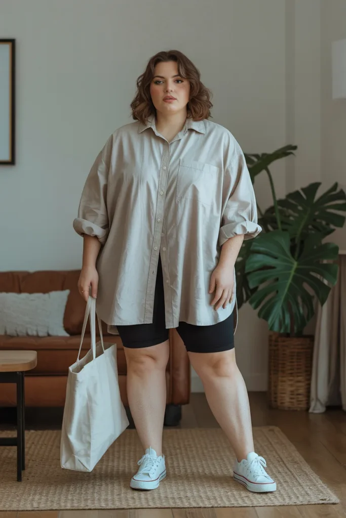 Plus Size Aesthetic Oversized Linen Shirt and Bike Shorts Summer Outfit