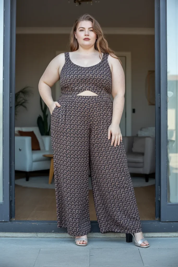 Plus Size Aesthetic Printed Palazzo Jumpsuit with Cutouts Summer Outfit