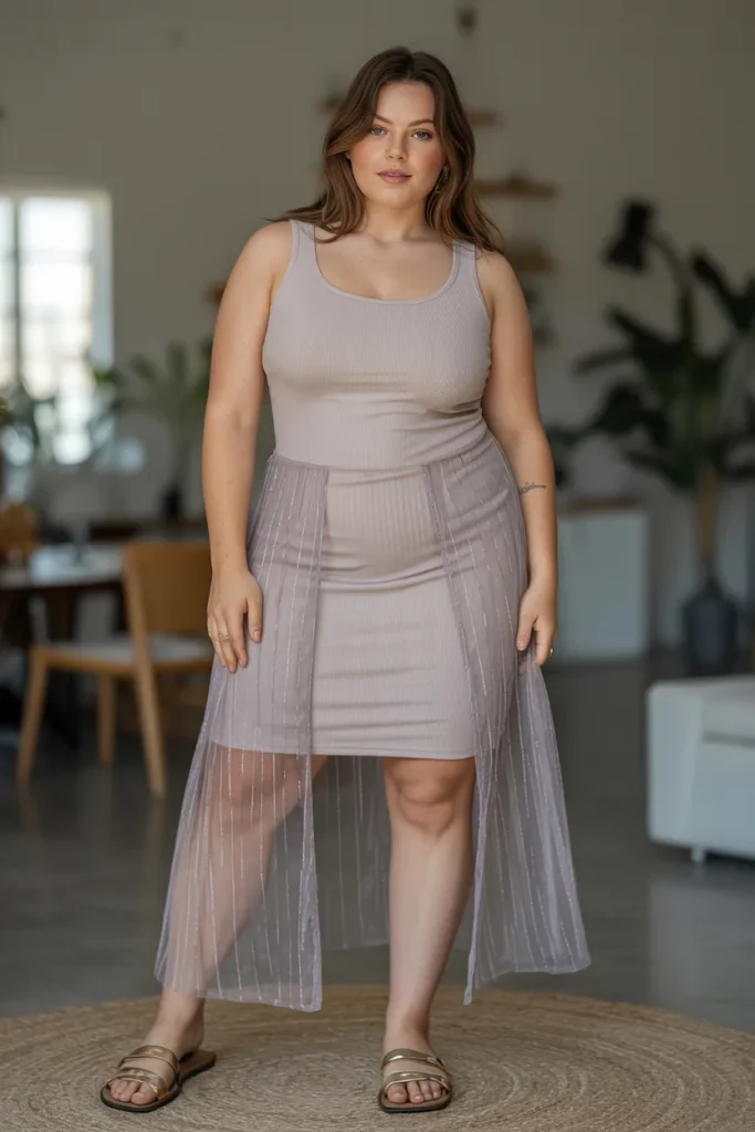 Plus Size Aesthetic Ribbed Tank Dress with Sheer Overlay Summer Outfit