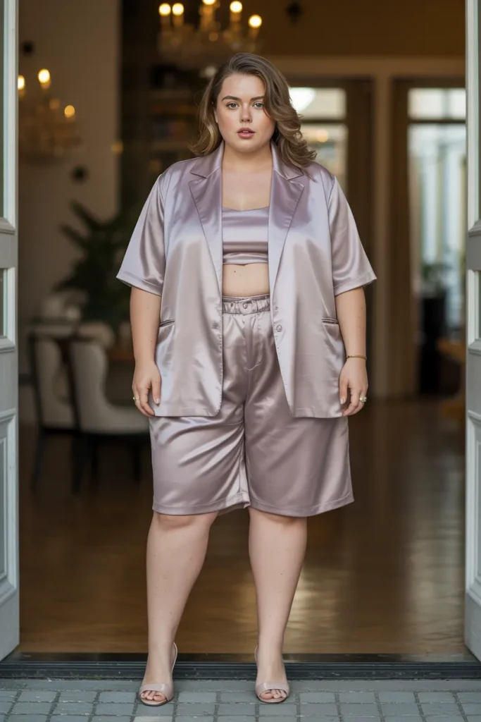 Plus Size Aesthetic Satin Bermuda Shorts Co ord Summer Outfit