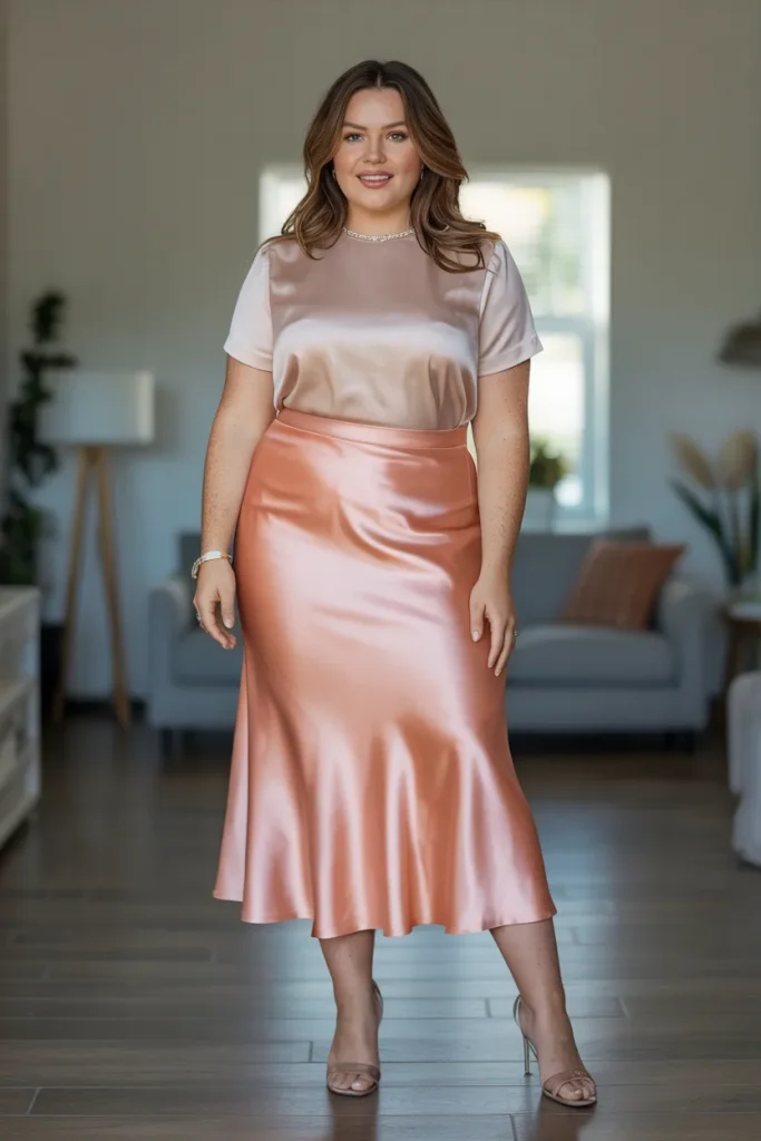 Plus Size Aesthetic Satin Bias Cut Midi Skirt Summer Outfit