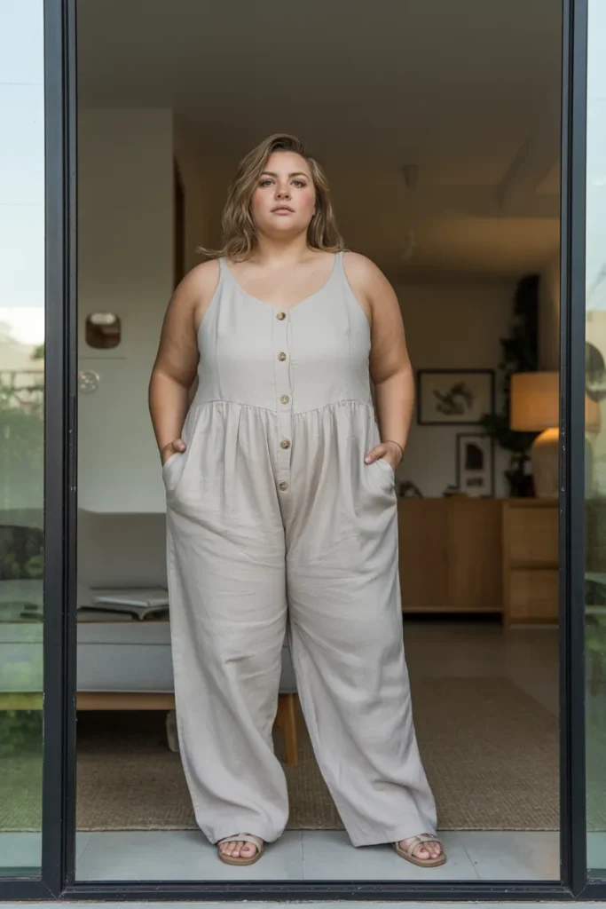Plus Size Aesthetic Slouchy Linen Button Front Jumpsuit Summer Outfit