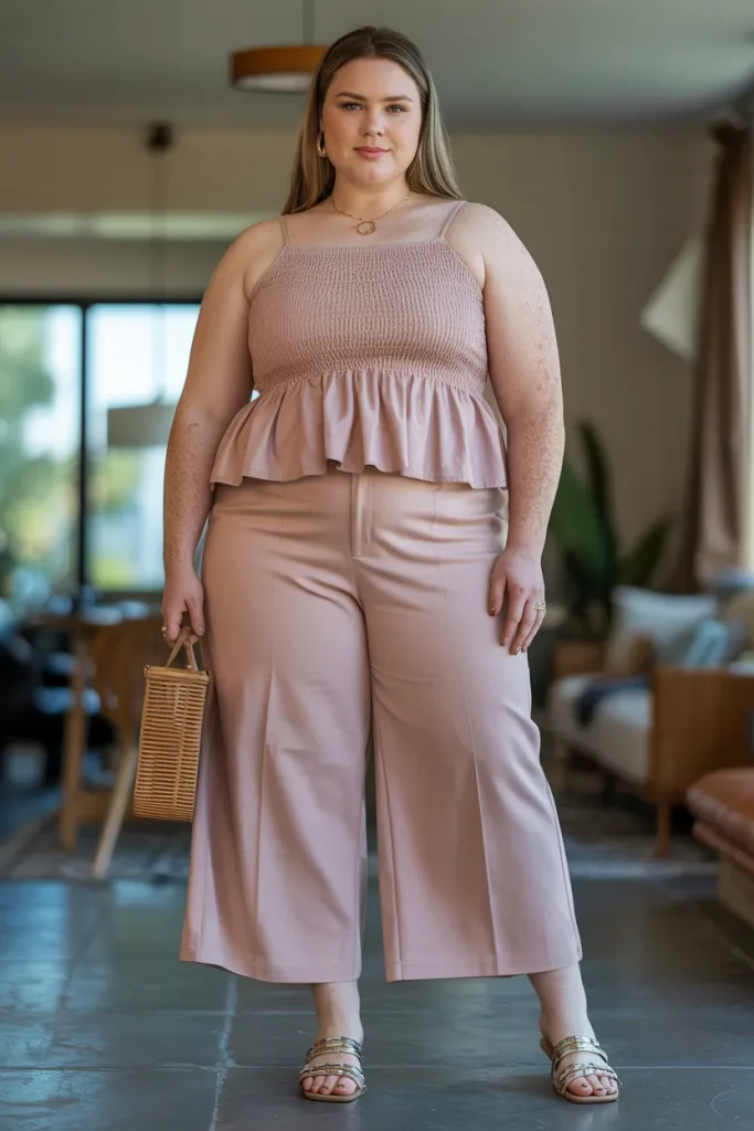 Plus Size Aesthetic Smocked Peplum Top and Wide Leg Crops Summer Outfit