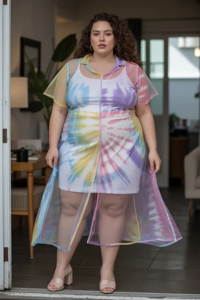 Plus Size Aesthetic Tie Dye Mesh Overlay Dress Summer Outfit
