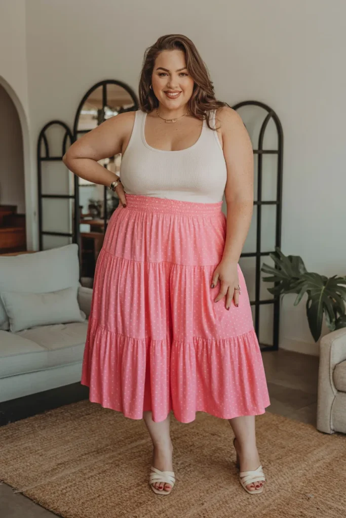 Plus Size Aesthetic Tiered Ruffle Midi Skort Summer Outfit