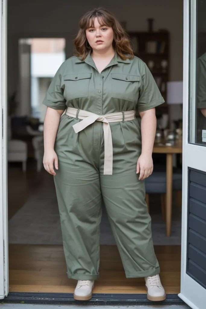 Plus Size Aesthetic Utility Jumpsuit with Canvas Belt Summer Outfit