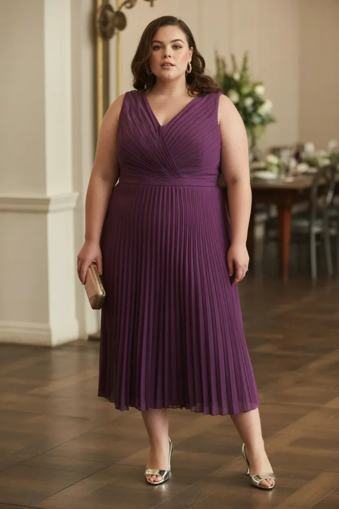 Plus Size Amethyst Purple Pleated Midi Wedding Guest Dress