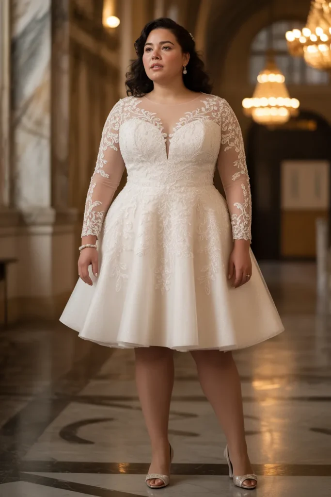 Plus Size Applique Illusion Sleeve Wedding Dress