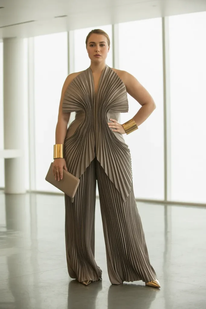 Plus Size Architectural Pleated Jumpsuit Summer Outfit