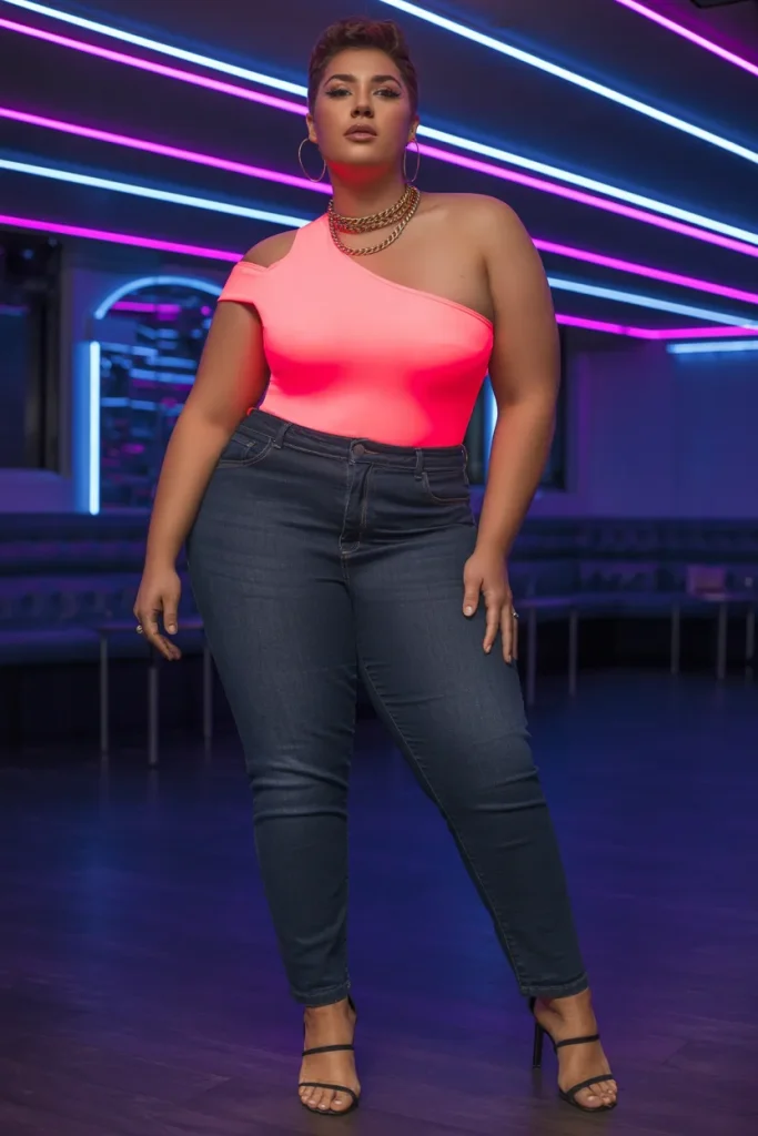 Plus Size Asymmetrical Neon Bodysuit and Dark Denim Summer Club Outfit