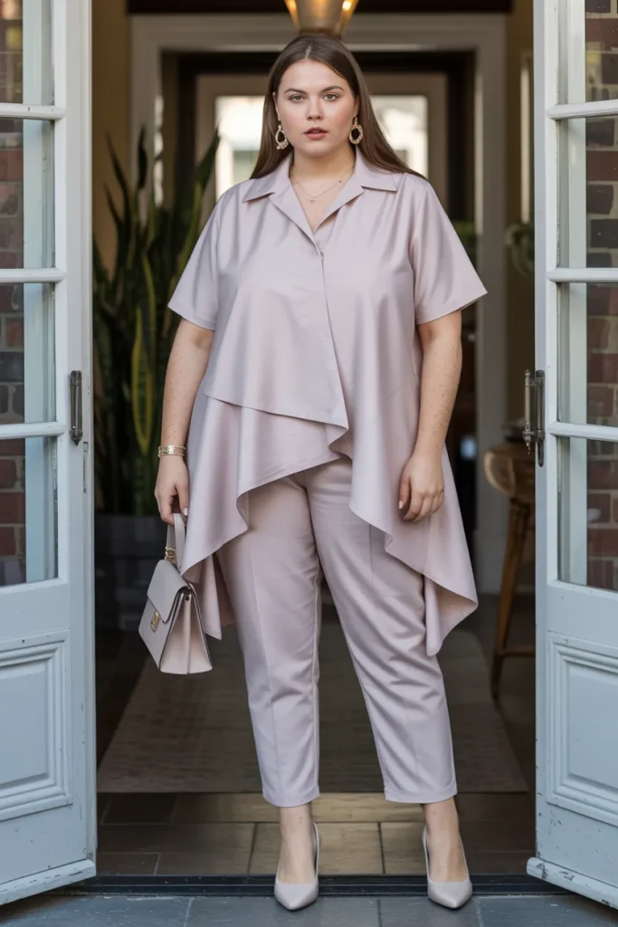 Plus Size Asymmetrical Overlay Tunic Cigarette Pants Summer Outfit