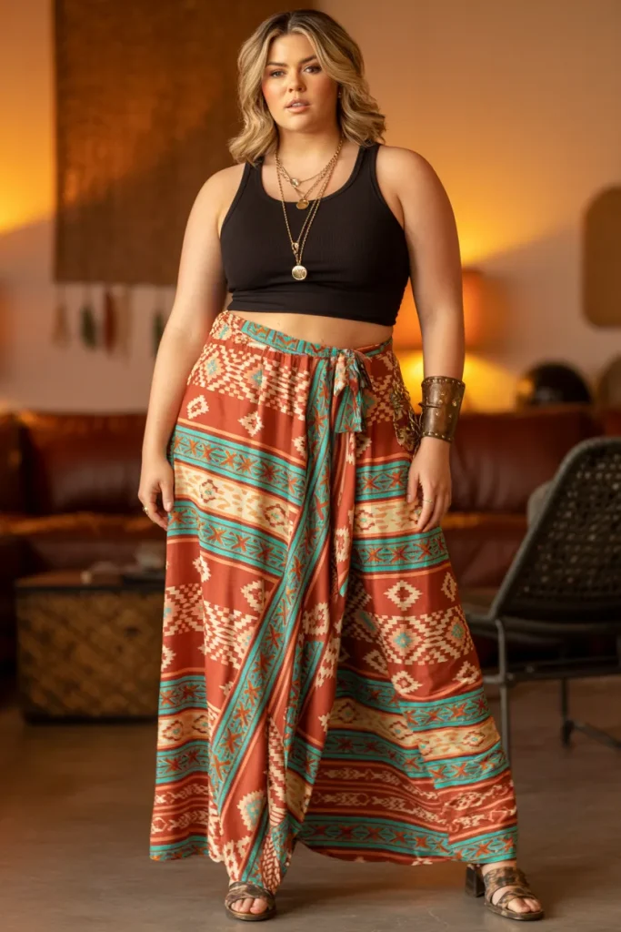 Plus Size Aztec Print Maxi Wrap Skirt with Crop Tank