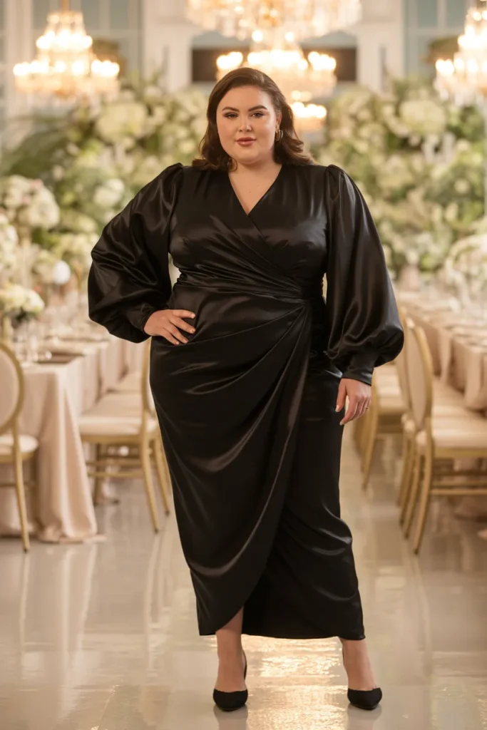 Plus Size Balloon Sleeve Satin Wrap Black Wedding Dress