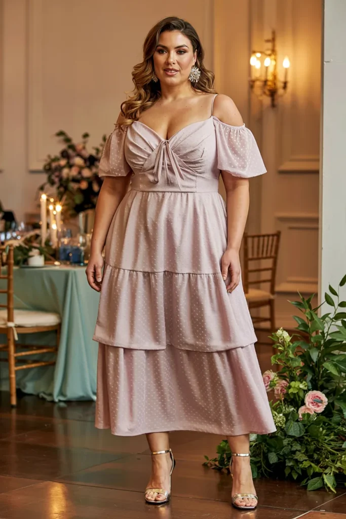 Plus Size Bardot Neckline Tiered Midi Wedding Guest Dress