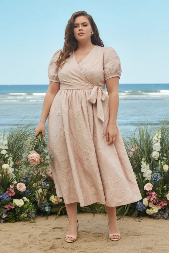 Plus Size Beach Botanical Jacquard Midi Wedding Guest Dress