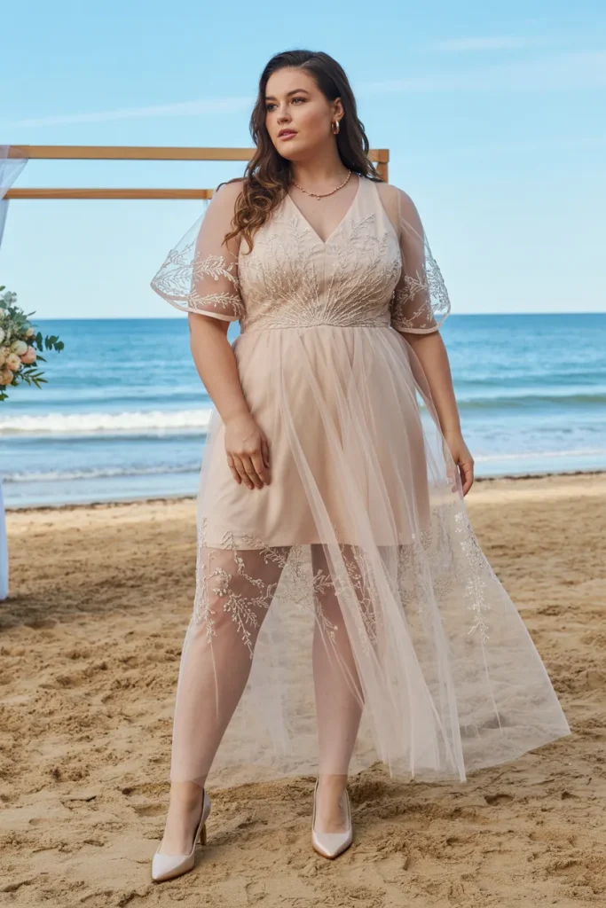 Plus Size Beach Embroidered Tulle Overlay Wedding Guest Dress