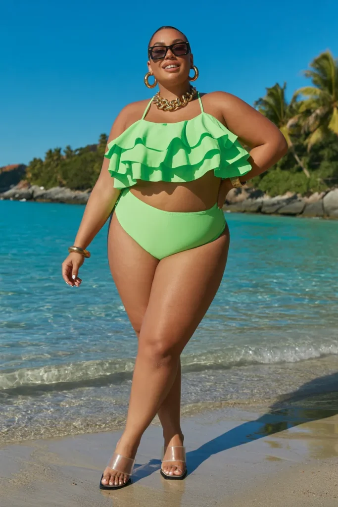 Plus Size Beach Neon Lime Green Ruffle Two Piece Swimsuit
