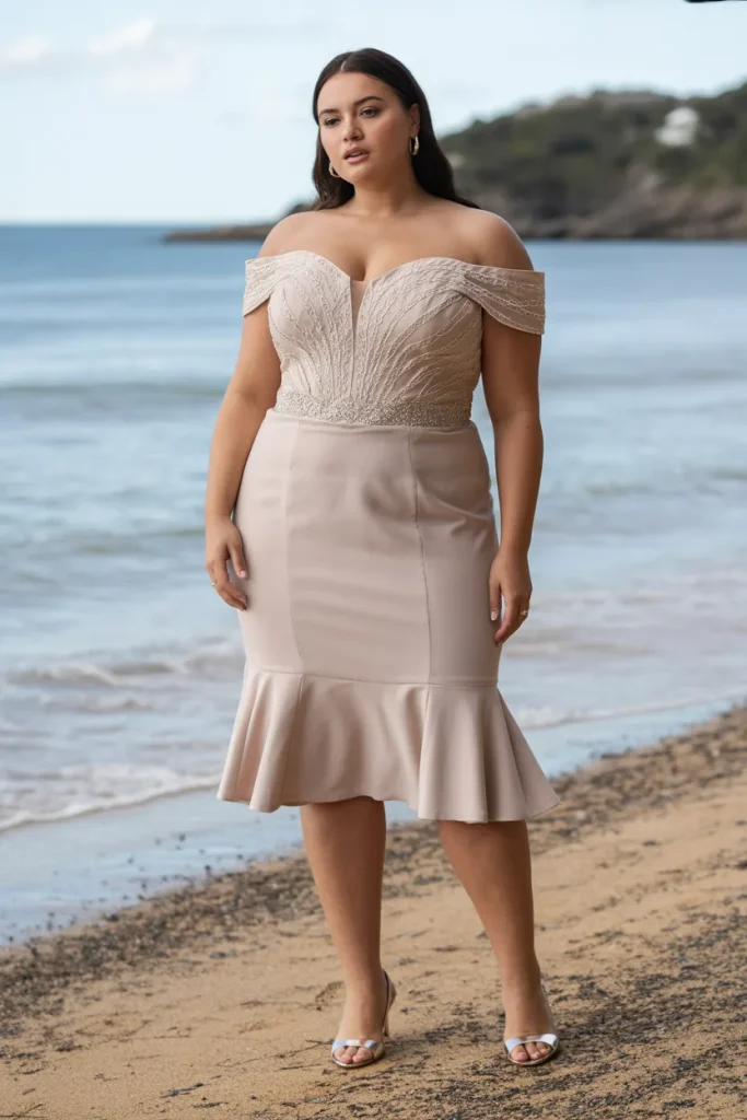 Plus Size Beach Off Shoulder Trumpet Wedding Guest Dress