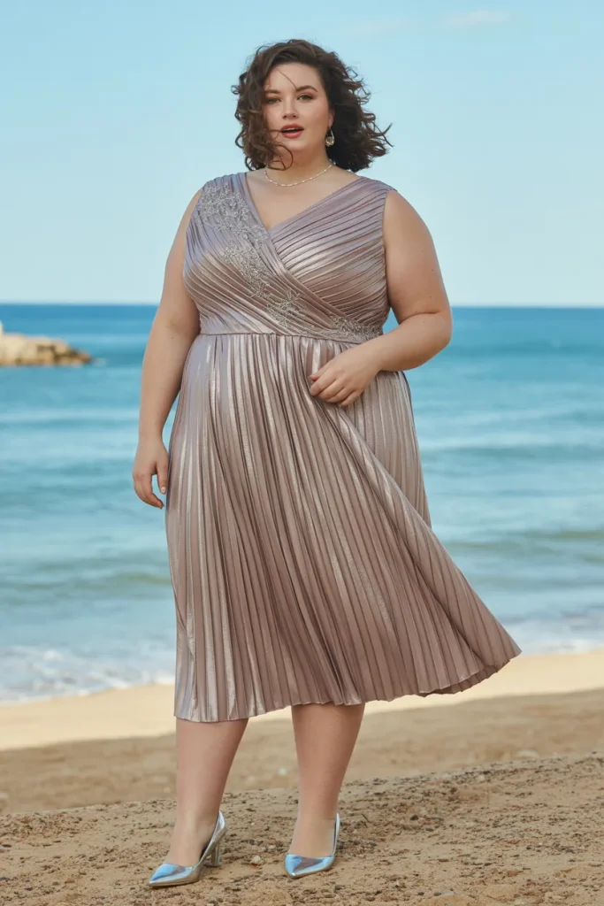 Plus Size Beach Pleated Metallic Tea Length Wedding Guest Dress