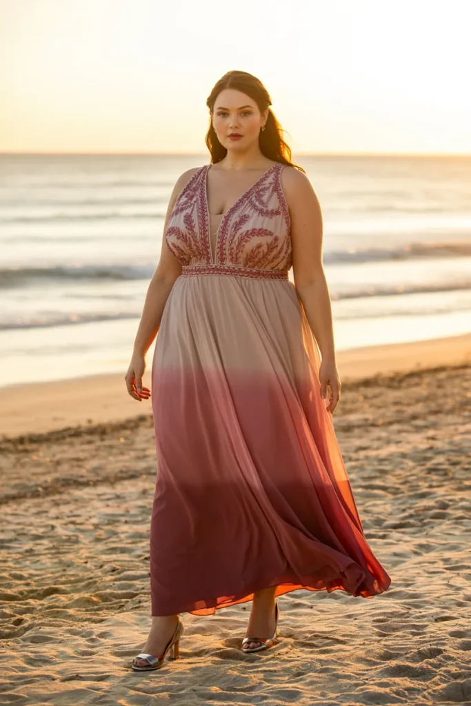 Plus Size Beach Plunge Neckline Gradient Sunset Wedding Guest Dress