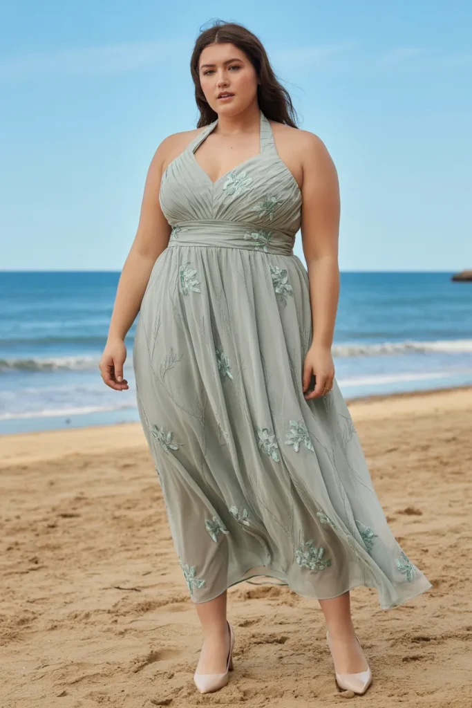 Plus Size Beach Sage Floral Chiffon Halter Wedding Guest Dress