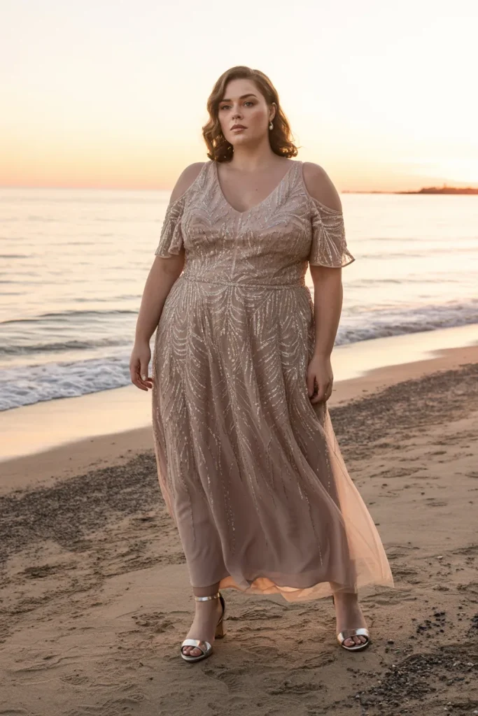 Plus Size Beach Sequin Cold Shoulder Wedding Guest Dress