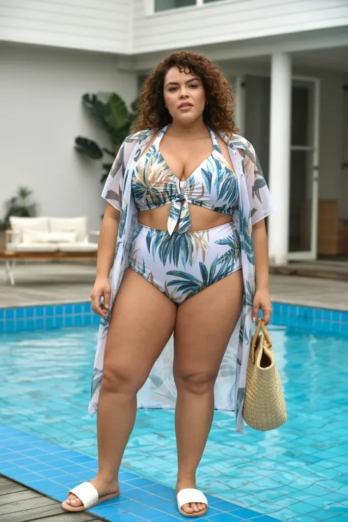 Plus Size Beach Tropical Print Pull On Tummy Support Two Pieces Swimsuit