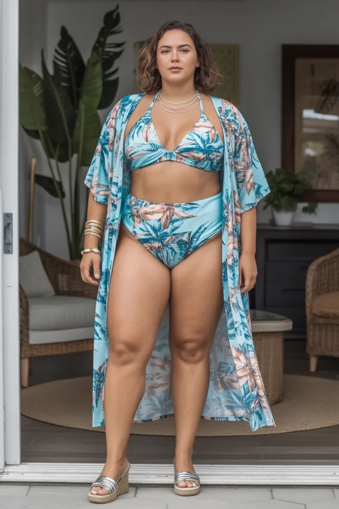 Plus Size Beach Tropical Print Split Three Piece Set 1