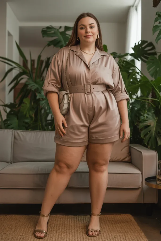 Plus Size Belted Shirt Romper Summer Outfit