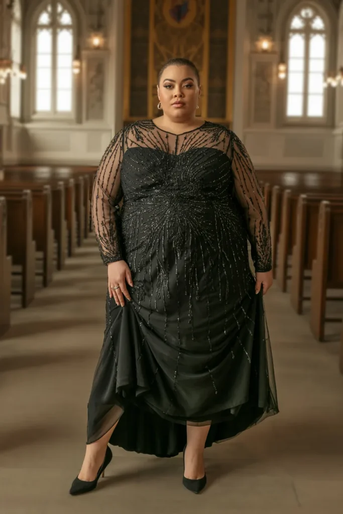 Plus Size Black Beaded Lace Long Sleeve Wedding Dress