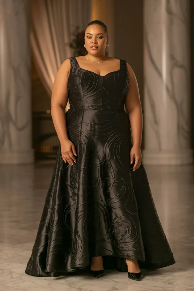 Plus Size Black Embossed Satin Modern Black Wedding Dress