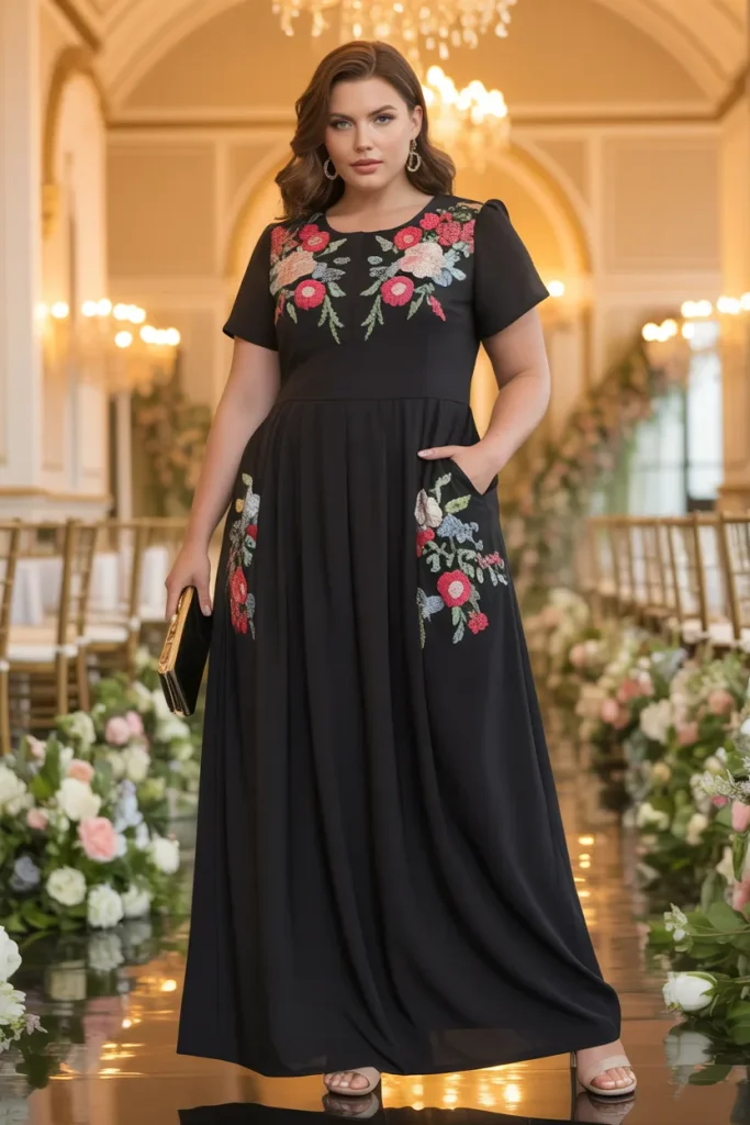 Plus Size Black Floral Round Neck Pocket Maxi Dress