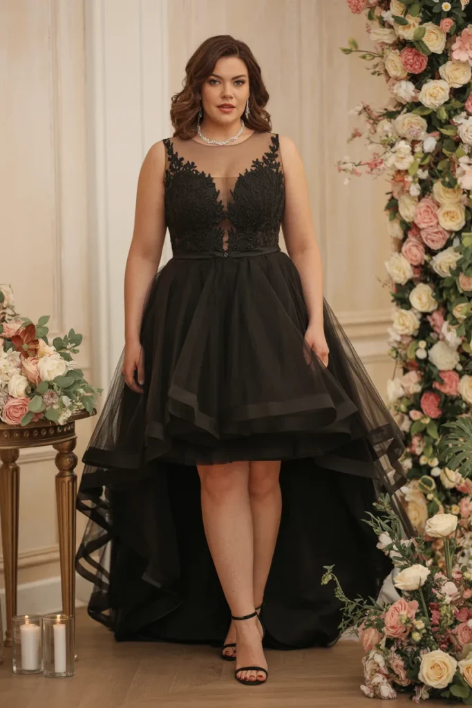 Plus Size Black Illusion High Low Tulle Wedding Guest Dress