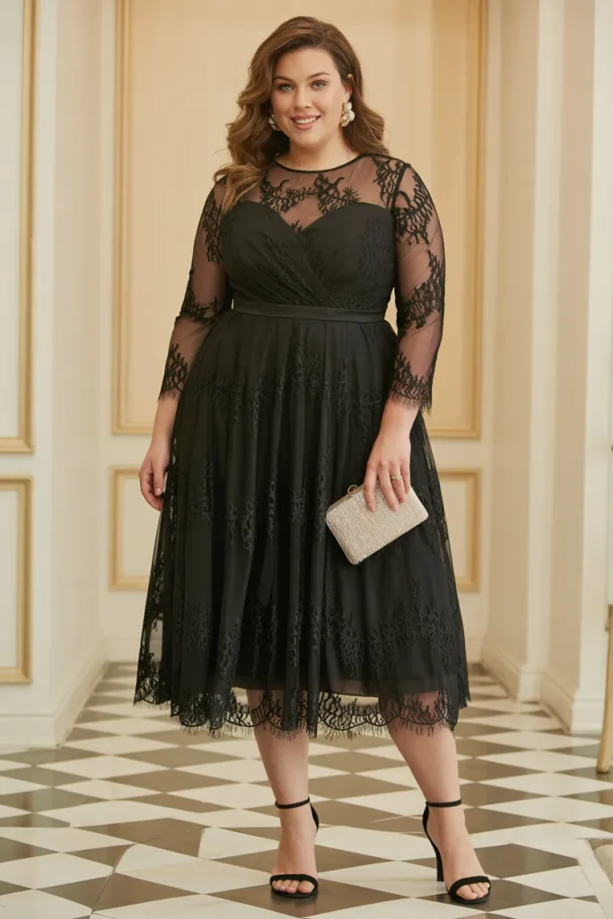 Plus Size Black Lace Tiered Cocktail Wedding Guest Dress