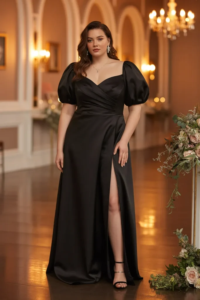 Plus Size Black Puff Sleeve Split Satin Wedding Guest Dress