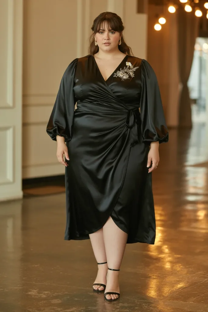 Plus Size Black Satin Balloon Sleeve Wrap Wedding Guest Dress