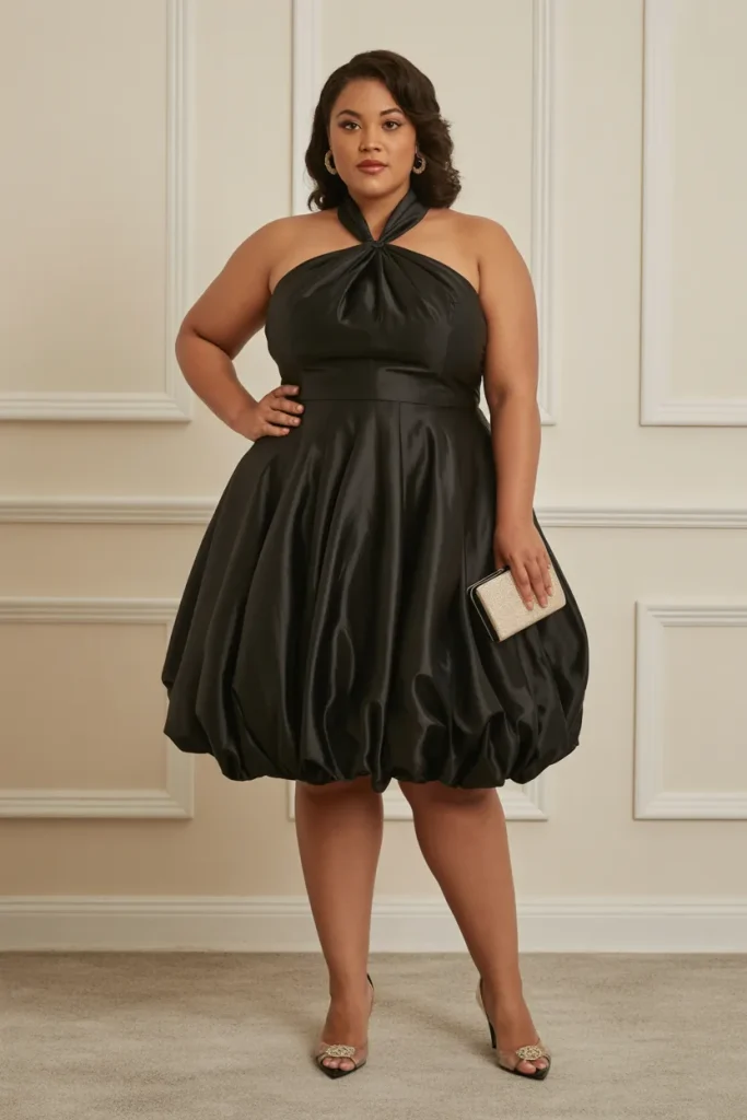 Plus Size Black Satin Halter Neck Bubble Skirt Wedding Guest Dress