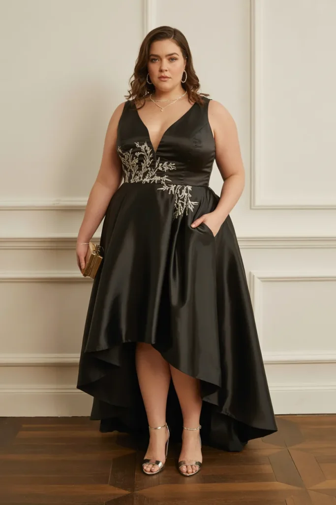 Plus Size Black Satin High Low Pocket Wedding Guest Dress