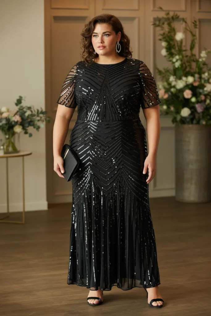 Plus Size Black Sequined Column Formal Wedding Guest Dress