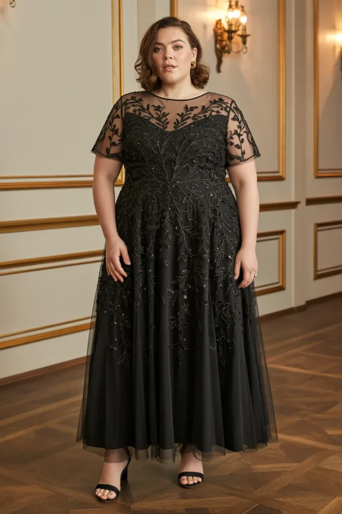 Plus Size Black Tie Appliqued Mesh Overlay Wedding Guest Dress