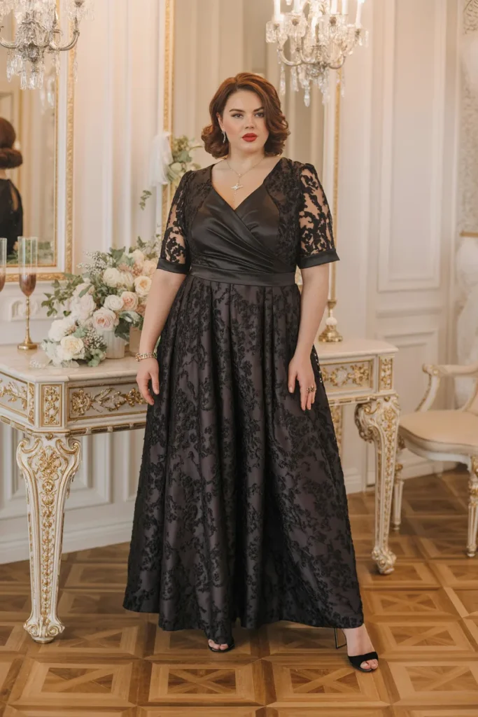 Plus Size Black Tie Baroque Jacquard Wedding Guest Dress