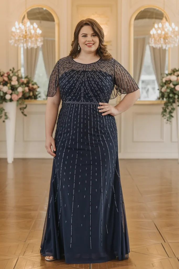 Plus Size Black Tie Beaded Capelet Wedding Guest Dress