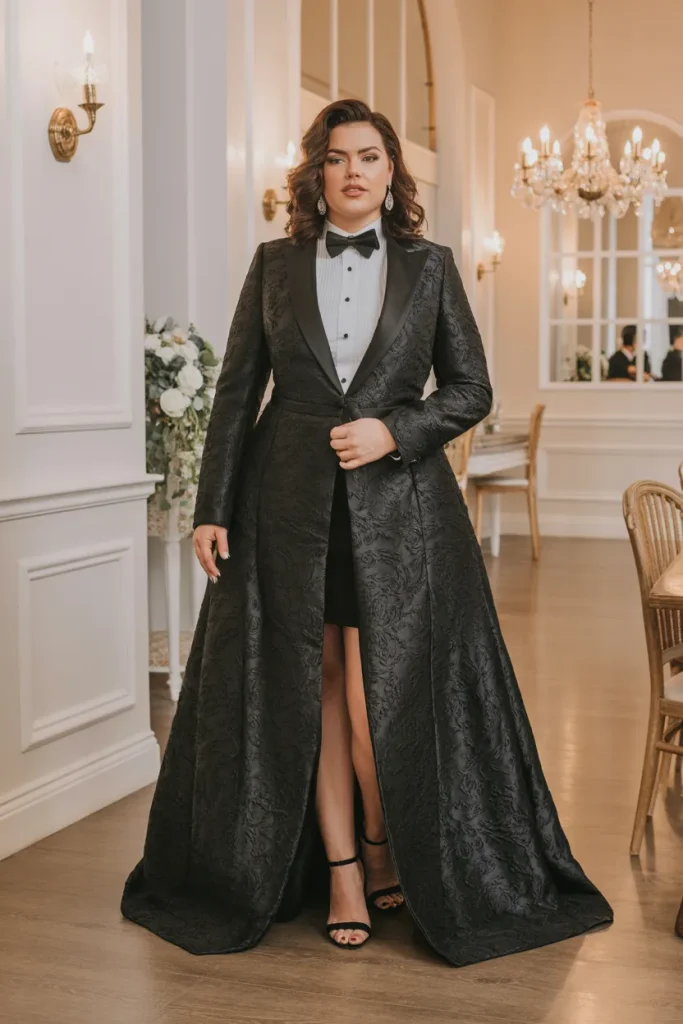 Plus Size Black Tie Brocade Tuxedo Wedding Guest Dress