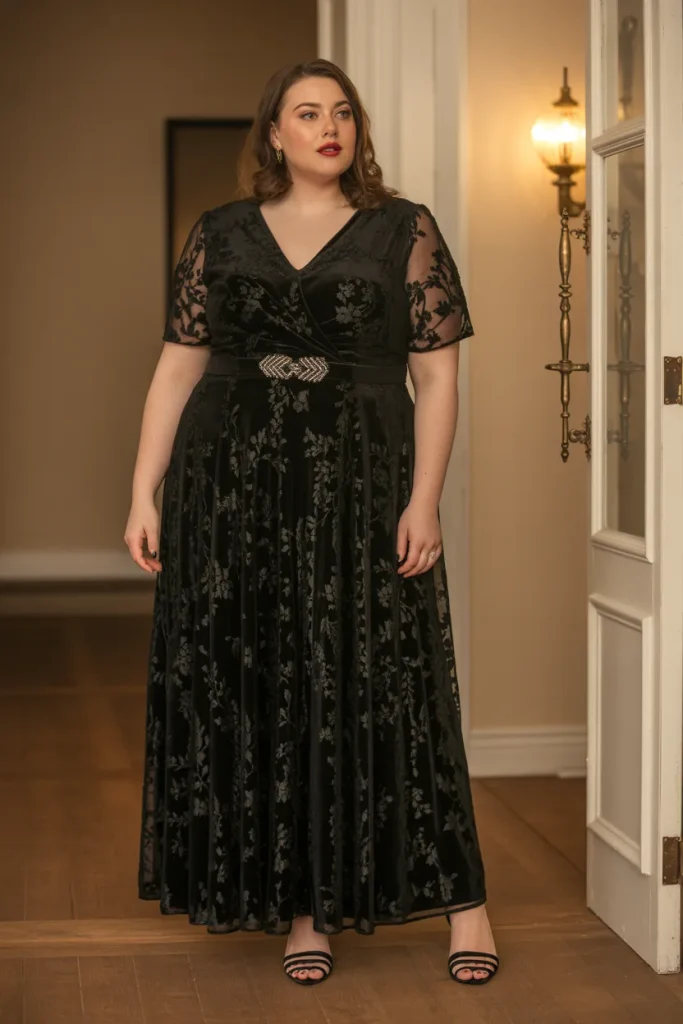Plus Size Black Tie Burnout Velvet Wedding Guest Dress