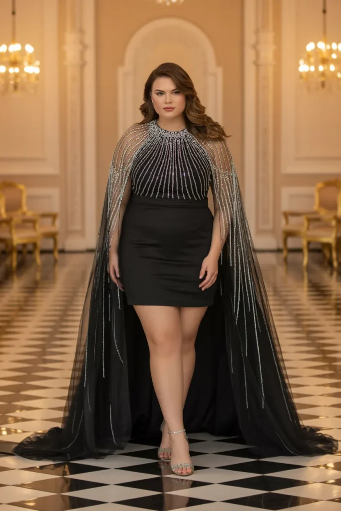 Plus Size Black Tie Crystal Embellished Cape Wedding Guest Dress