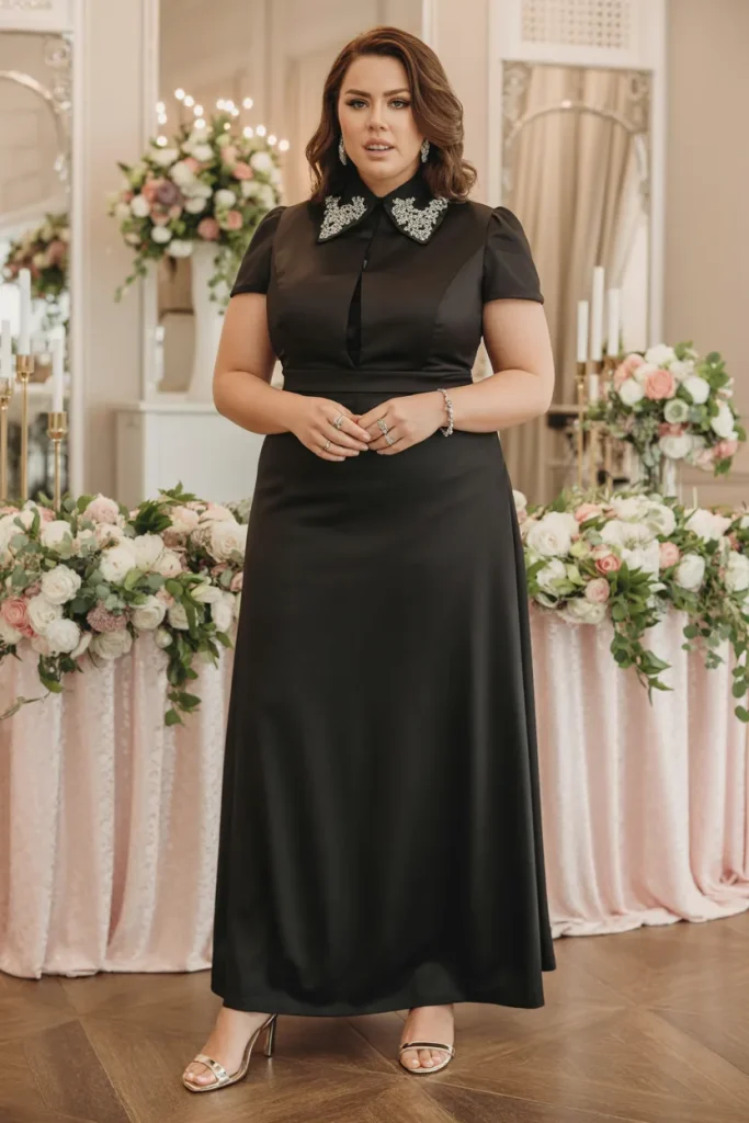 Plus Size Black Tie Embellished Collar Wedding Guest Dress